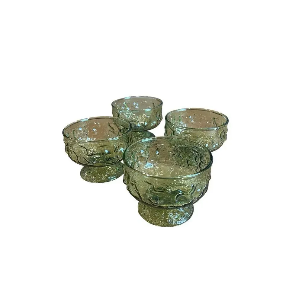 Vintage Anchor Hocking Lido Milano Green Crinkle Sherbet Glasses Set of 2